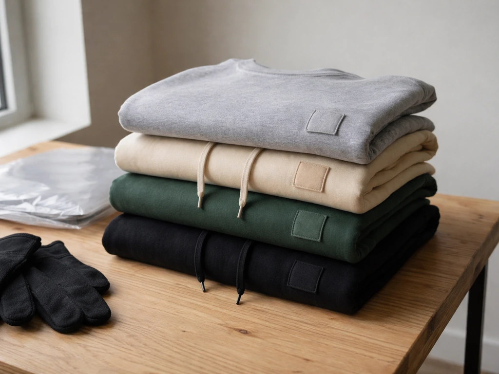 Neatly stacked streetwear hoodies and a T-shirt on a wooden table near shipping mailer, no visible text.