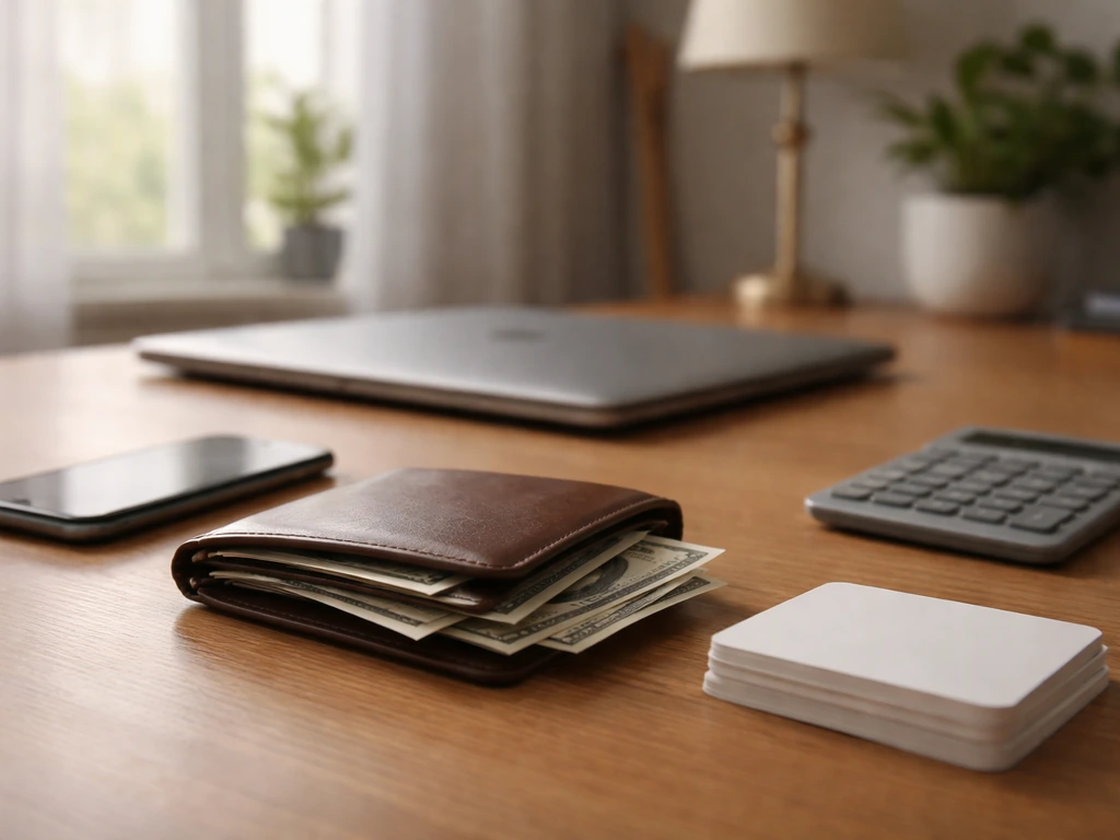 Minimal home office desk with wallet and cash, symbolizing an estimated net worth figure.