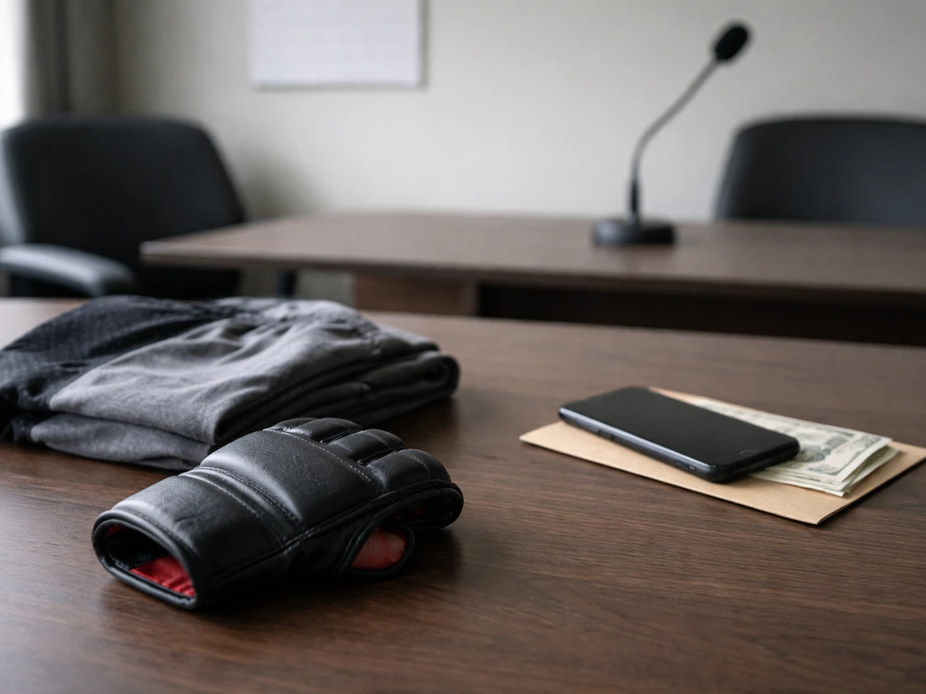 Minimal desk scene with cash envelope, athletic gear, and a phone, suggesting income sources without text.