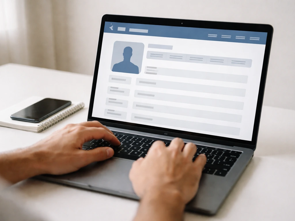 Hands reviewing a generic athlete profile on a laptop, with smartphone and blank notepad on a simple desk.