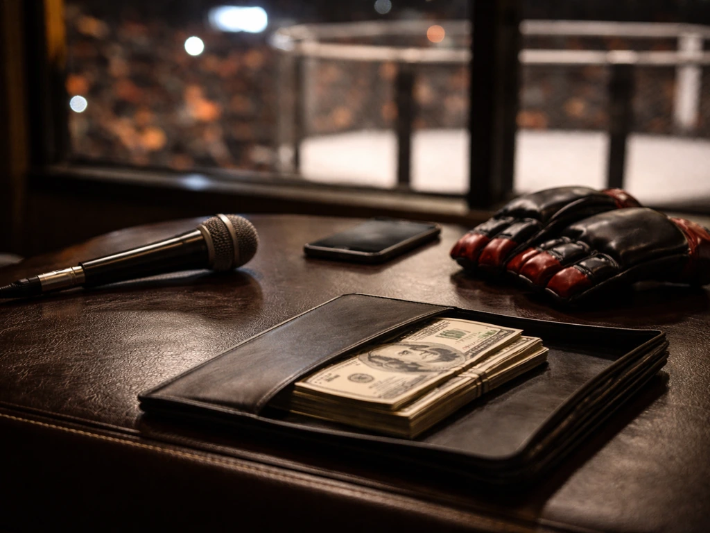 Minimal MMA manager office scene with microphone, smartphone, and money symbolism near an arena-lit window