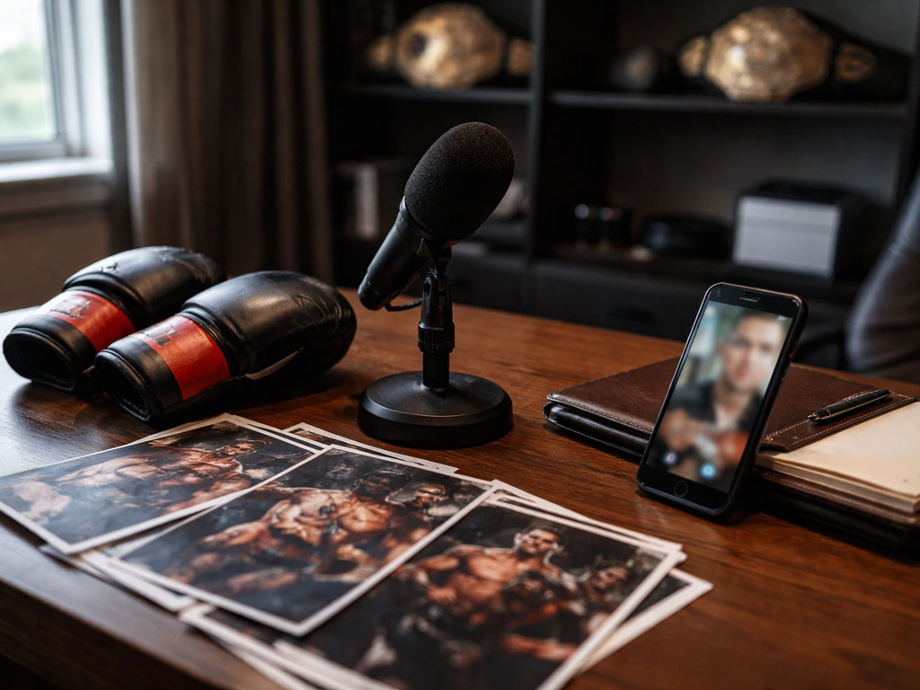 MMA management office desk with microphone and gloves, symbolizing fight promotion and business media work.