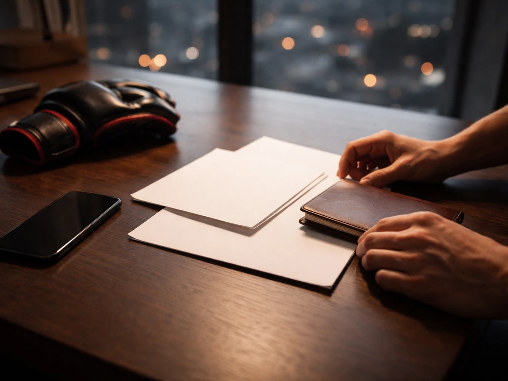 Anonymous hands on an MMA manager’s desk with documents and a single MMA glove in soft natural light.
