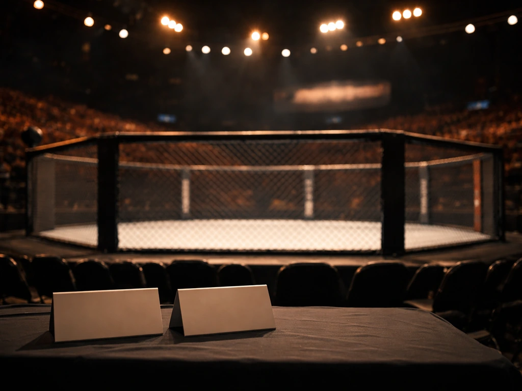 Empty MMA arena from ringside with a banner and stage lights, symbolizing LFA event branding.