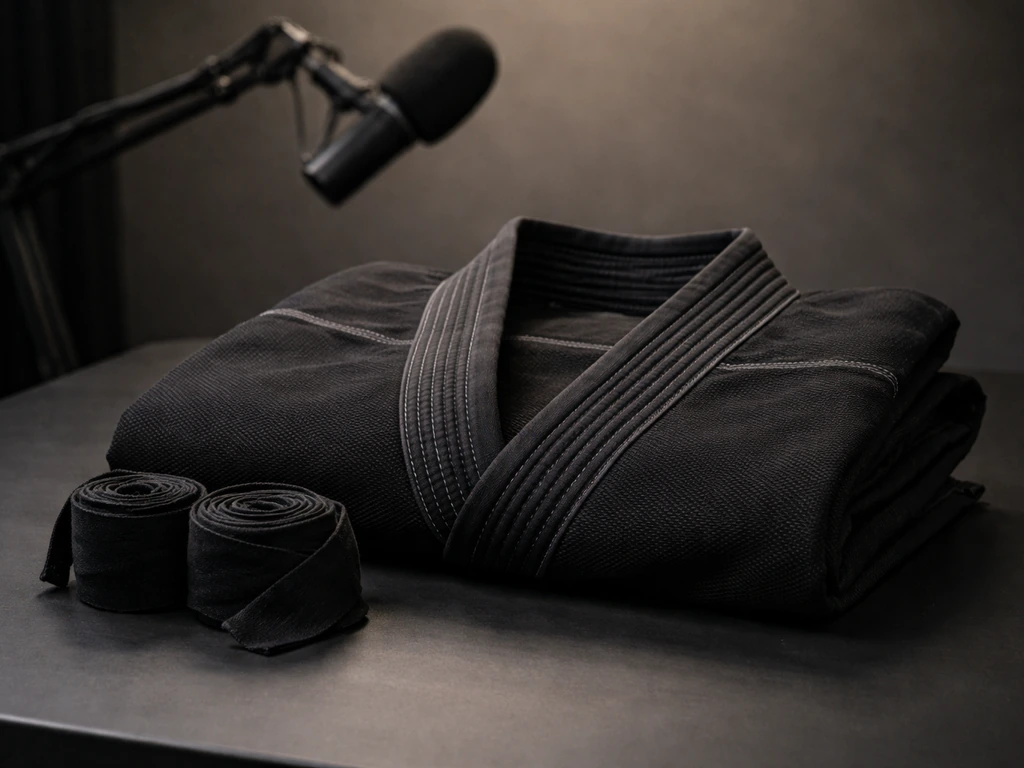 Black-and-silver MMA gi with bold “Sinister” styling laid on a dark studio table.