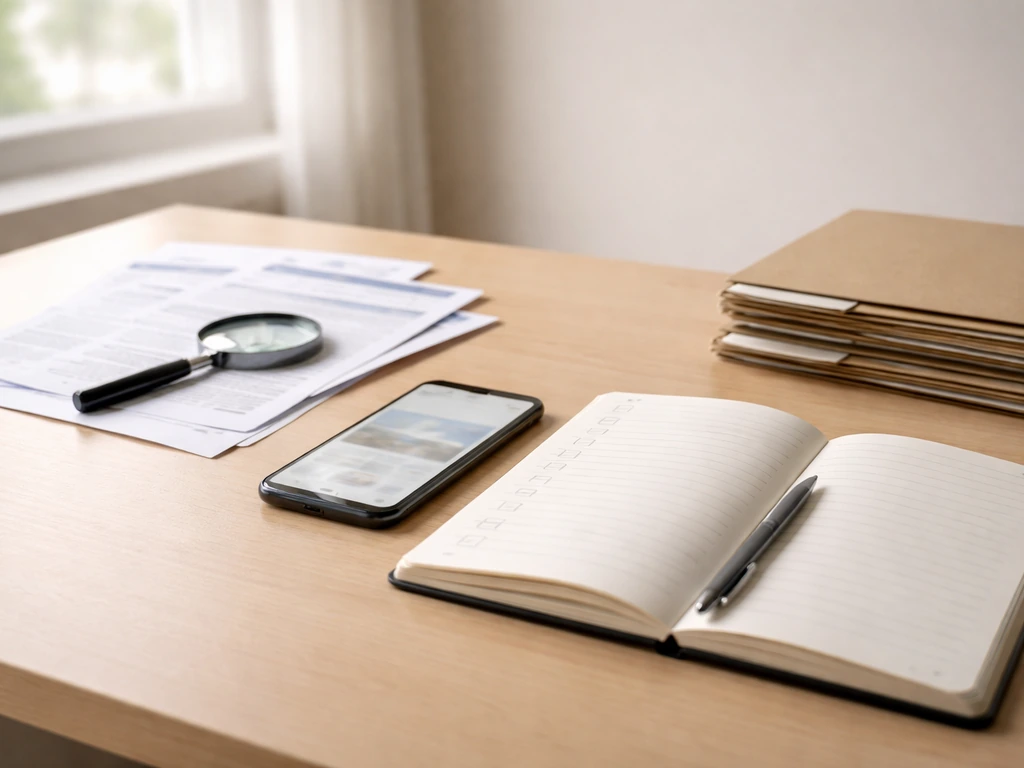 Minimal desk scene with smartphone, notebook, and documents suggesting business verification steps for an estimate.