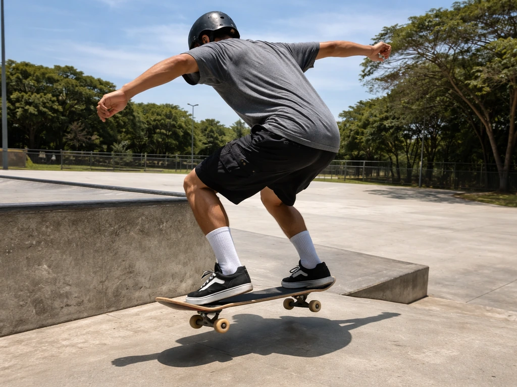 Brazilian skateboarder-inspired skate scene in daylight, anonymous skater in motion at an outdoor park