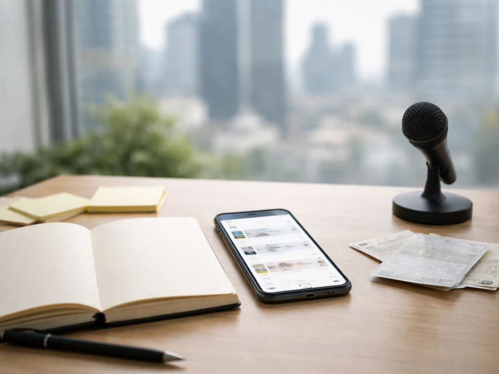 Minimal office scene with a notebook and scattered business items suggesting turning public signals into estimates