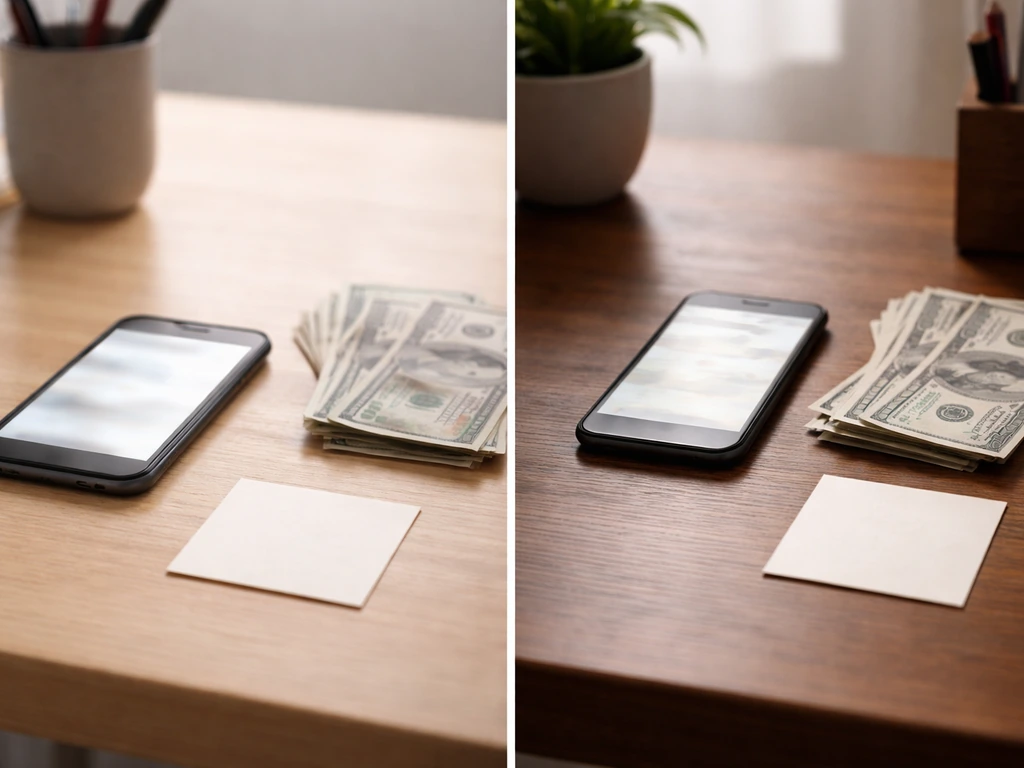 Split view of two finance-focused desk setups with mismatched money notes and blurred online-like cards