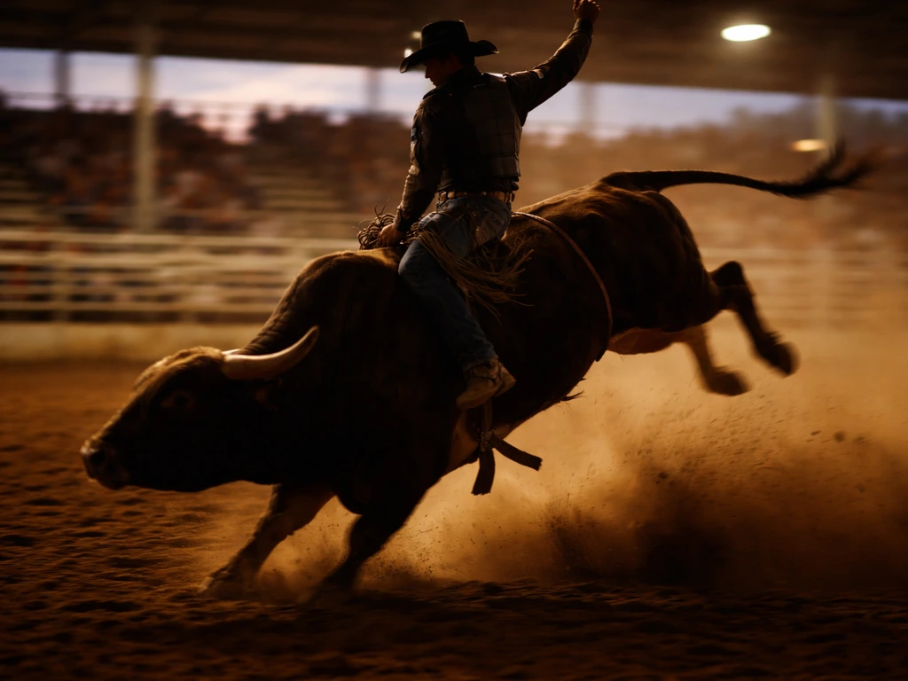 Sunlit rodeo arena scene with a bull rider silhouette and motion blur, symbolizing a Brazilian PBR competitor.