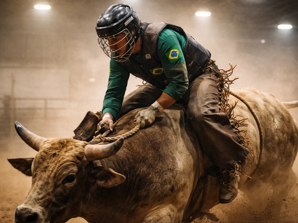PBR bull rider mid-ride in an arena, focused on the prize-earning competition moment.