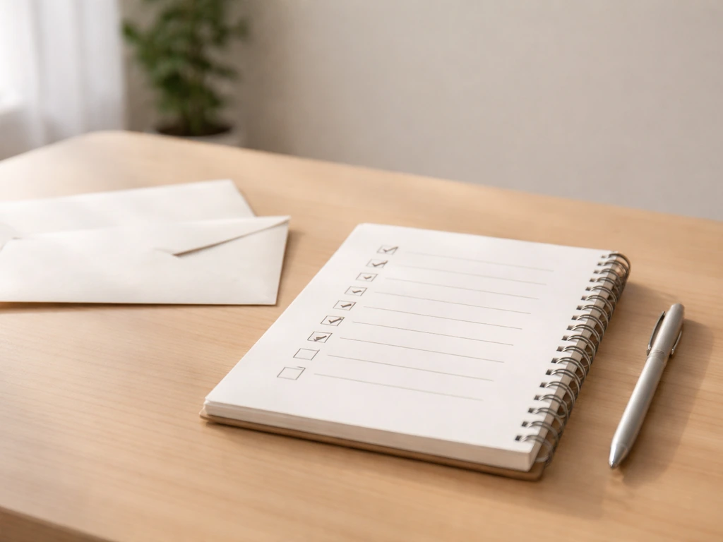 Minimal office desk scene with a checklist notebook and sealed envelopes, symbolizing documented vs uncertain financial