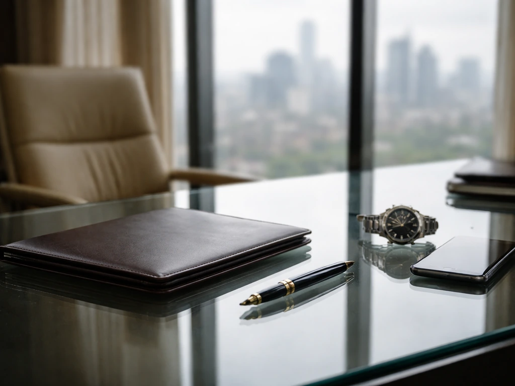 Private banker-style desk with luxury pen, watch, and documents in a sunlit financial office