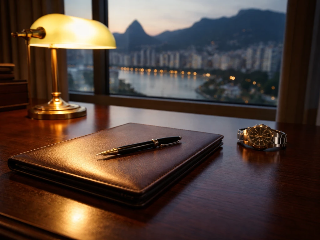 Minimal private banking desk at dusk with leather portfolio, pen, and city skyline through a window.