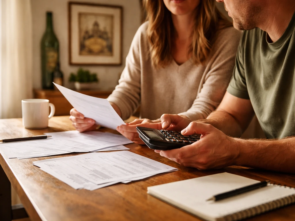 Anonymous couple in a bright home study with a small framed beer memorabilia wall in the background