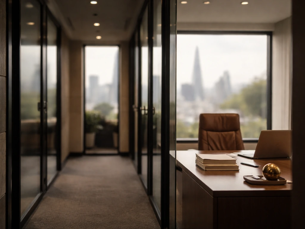 Minimal London office scene with a desk and blurred skyline, evoking investment management.