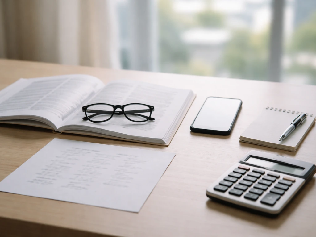 Minimal desk scene with open annual report, calculator, pen, notepad, and blank smartphone—symbolizing verifying an esti