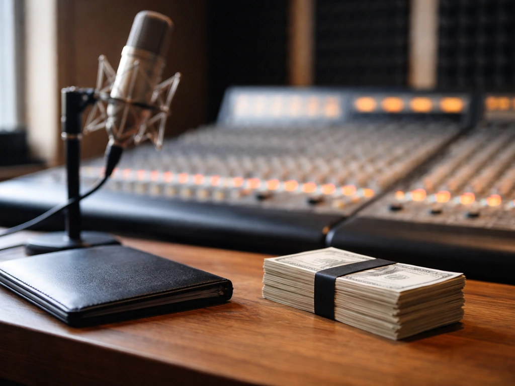 Minimal recording studio desk with microphone, leather portfolio, and cash bundle symbolizing a wealth estimate.