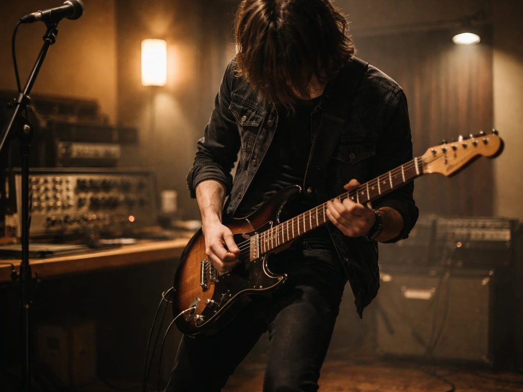 Rock guitarist performing in a studio with analog gear, capturing an Extreme-era music-and-royalties vibe.