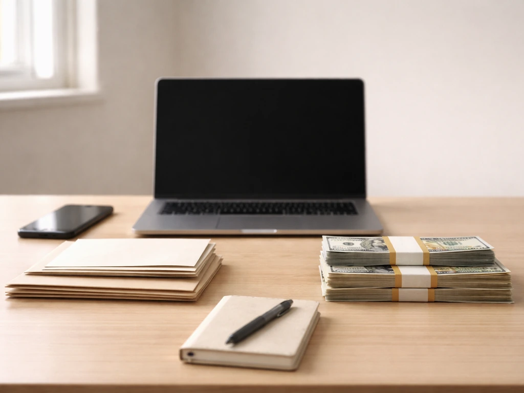 Minimal desk scene with two side-by-side stacks suggesting comparing financial estimates; laptop screen blank.