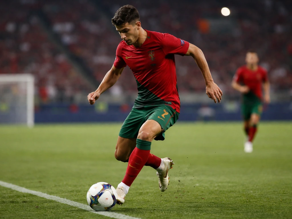 Anonymous Portuguese national team footballer in red-and-green kit controlling the ball in a stadium.