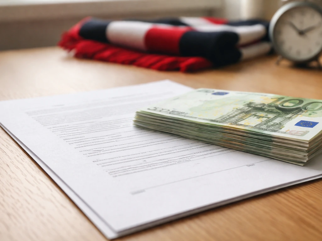 Football contract paper under euro banknotes on a wooden desk, suggesting weekly salary amounts.