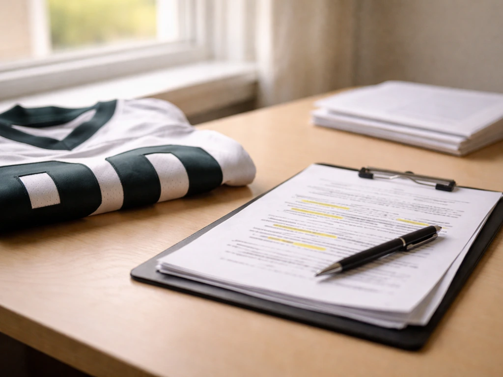 Close-up of a football contract incentive scene: clipboard, pen, and a football jersey on a desk by a window.