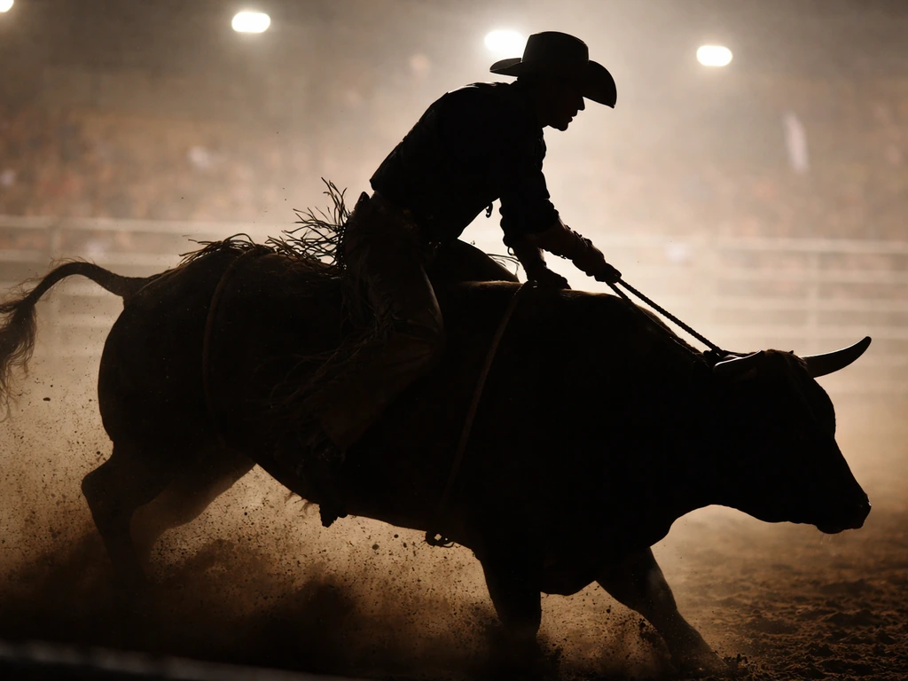 Action silhouette of a bull rider gripping the rope as a bull bucks in a rodeo arena.