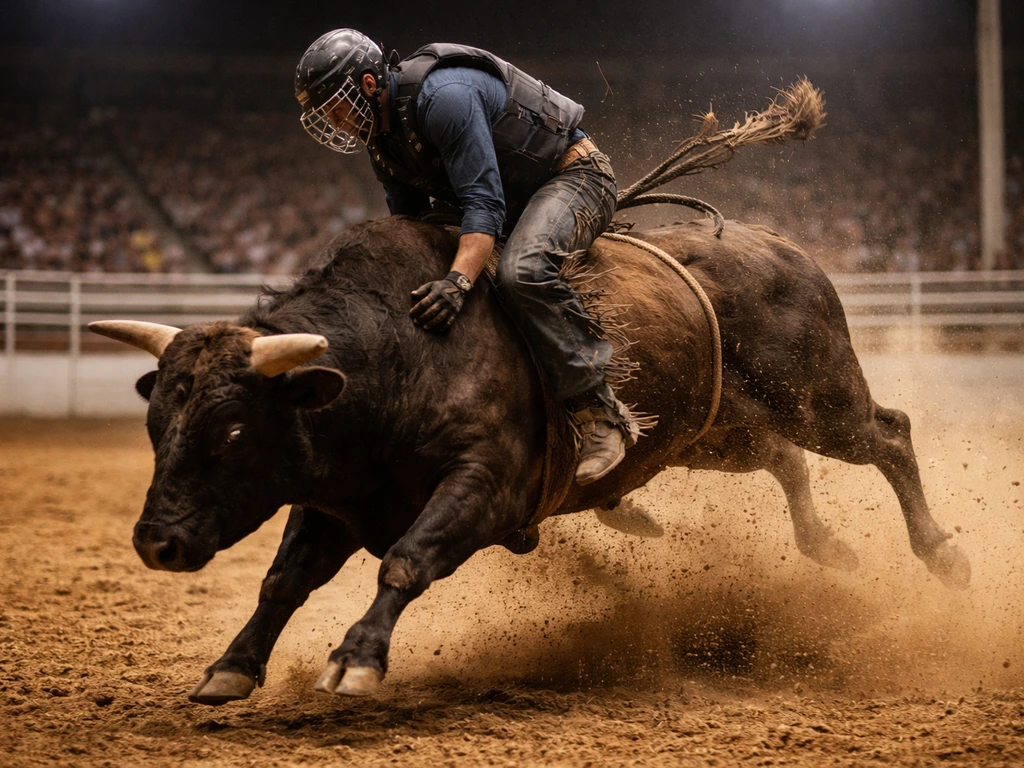 Bull rider mid-ride in a rodeo arena, dust flying, representing competition winnings