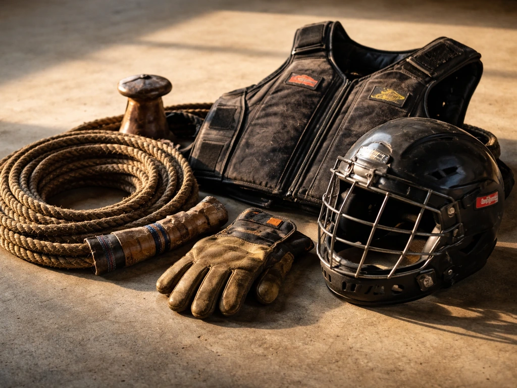 Close-up of bull-riding protective gear and coiled rope on a concrete floor, no people present