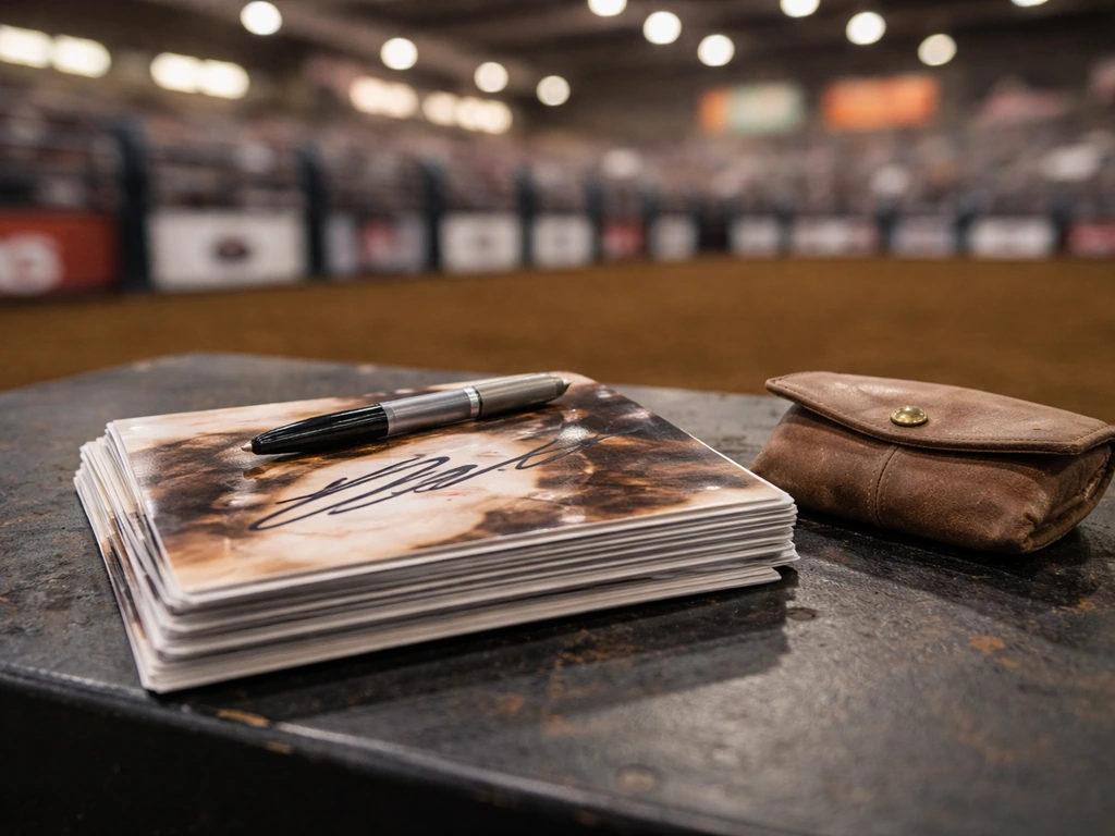 Close-up of a rodeo promo table setup with a pen and signed memorabilia, rodeo arena blurred behind