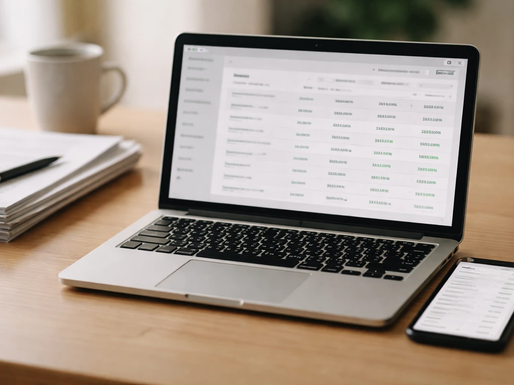 Laptop and phone on a desk showing generic earnings pages, alongside documents and a coffee mug.