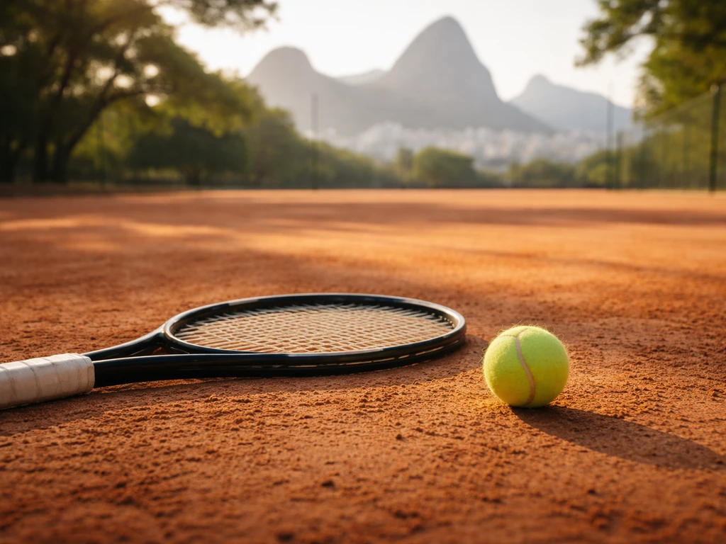 Tennis ball and racket on court in Rio de Janeiro, suggesting a Brazilian tennis star’s rising profile