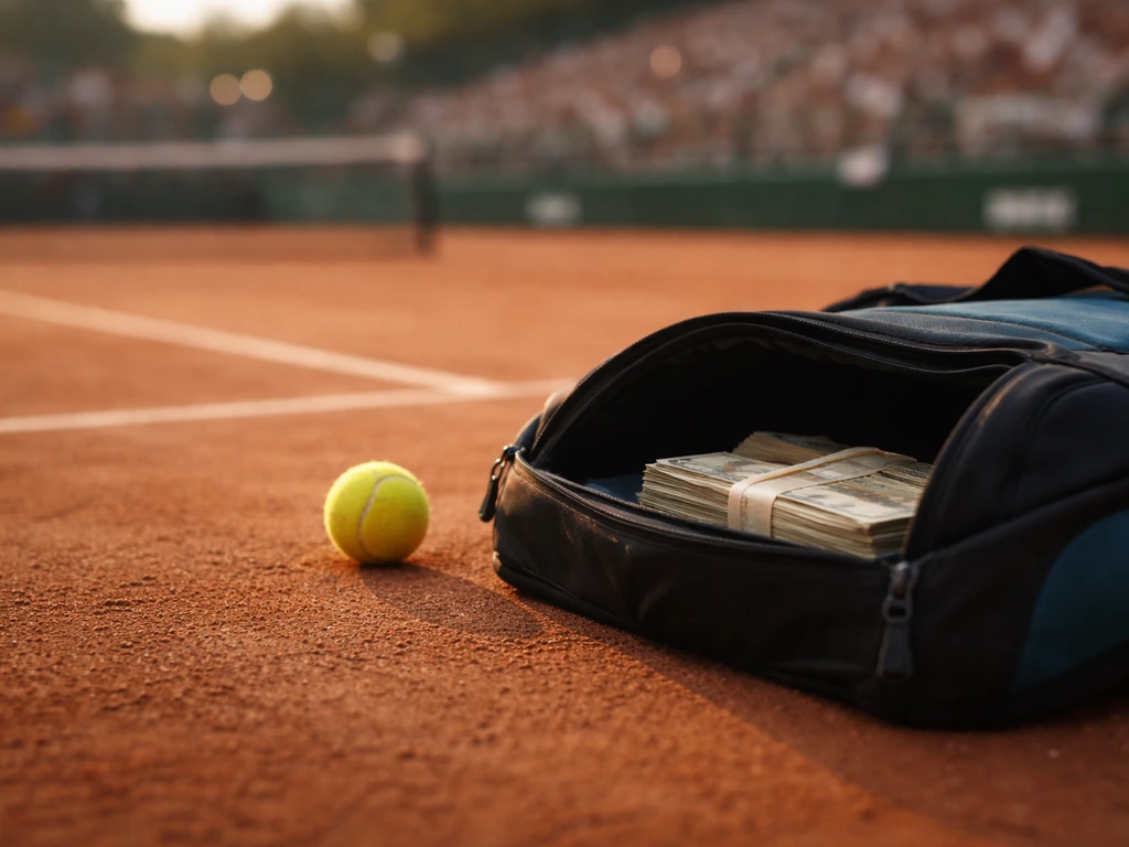 Tennis court with a money-themed blurred background, representing verified prize earnings without showing any player.