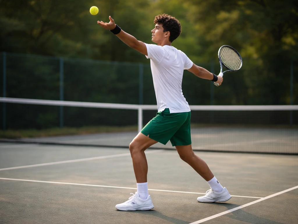 Brazilian tennis player serving in a minimal court scene wearing tennis shoes and holding a racket