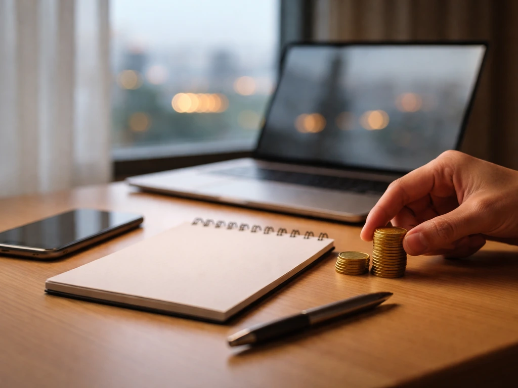 Minimal office desk with laptop and coffee beside blurred city skyline, symbolizing shifting wealth estimates