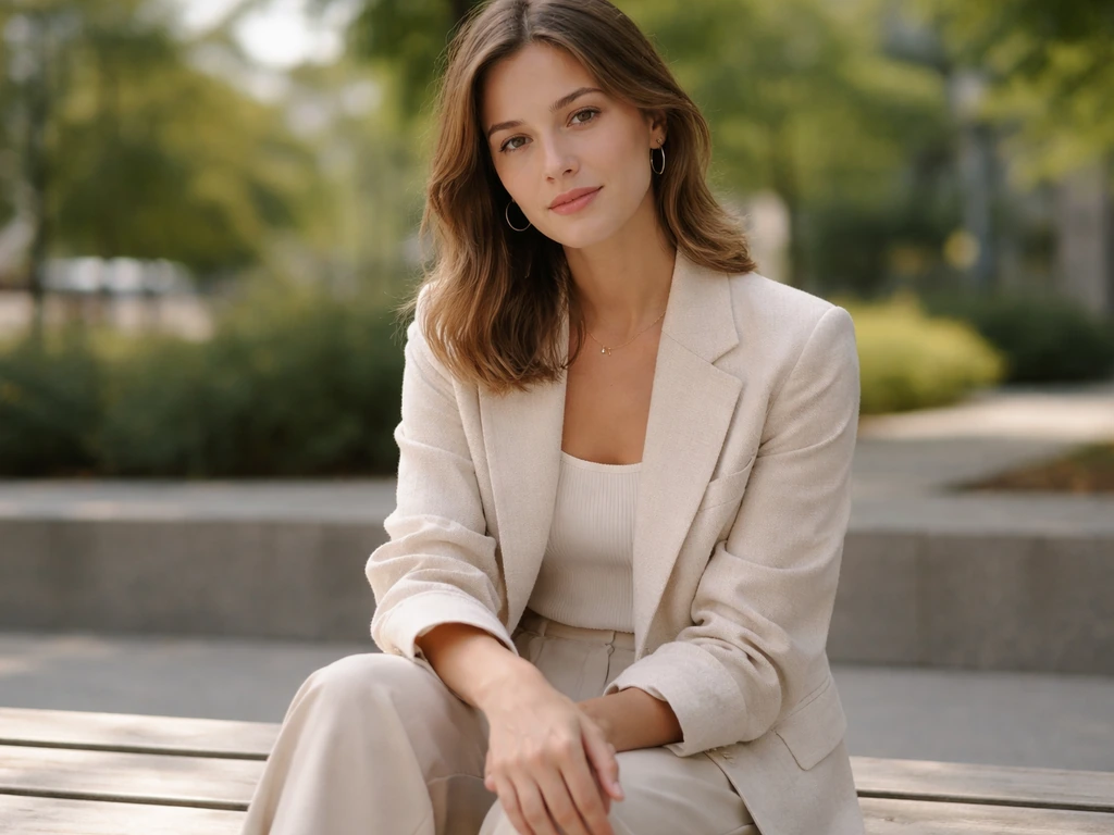 Adult woman seated outdoors in soft daylight with minimal, blurred background.