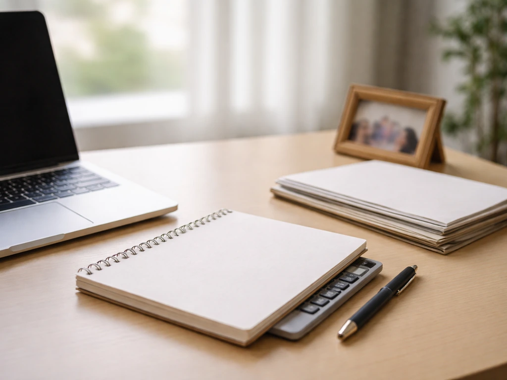 Minimal desk scene with laptop, blank notepad, documents, and covered calculator suggesting estimate methodology.
