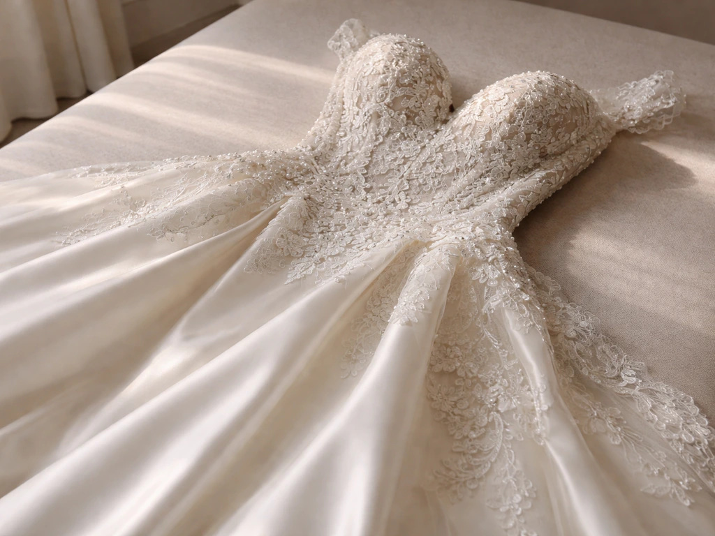 Close-up of a luxurious bridal gown with intricate lace and satin, symbolizing a high-value wedding dress purchase.