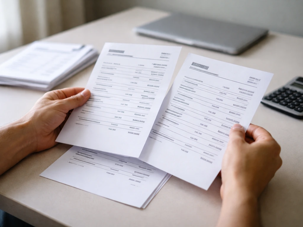 Person reviewing multiple financial estimate printouts with different numbers in a quiet home office