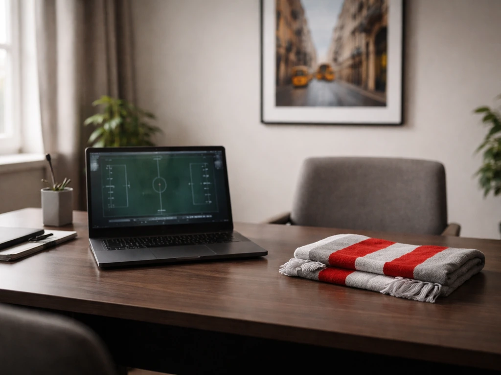Anonymous football manager in a minimalist office with a soccer scarf and laptop, Lisbon-style atmosphere