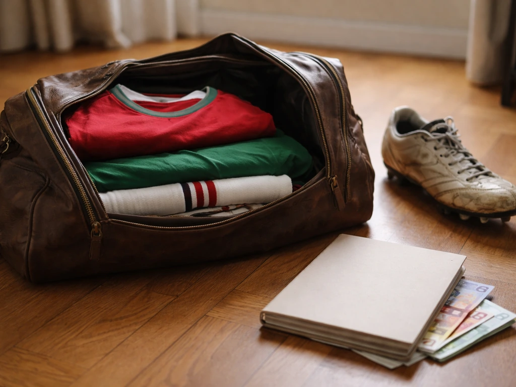 Open sports bag with euro cash and football gear on a wooden floor, symbolizing playing earnings.