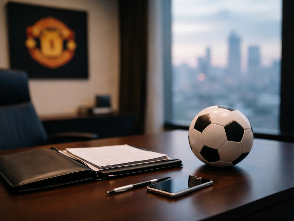 Manchester United-themed executive desk scene with a football, contract folder, and London skyline view