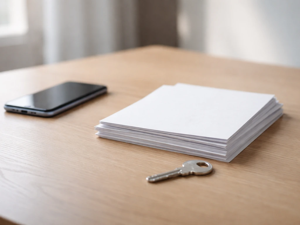 Close-up of a smartphone beside neatly stacked documents and a small metal key, symbolizing verification vs estimates.
