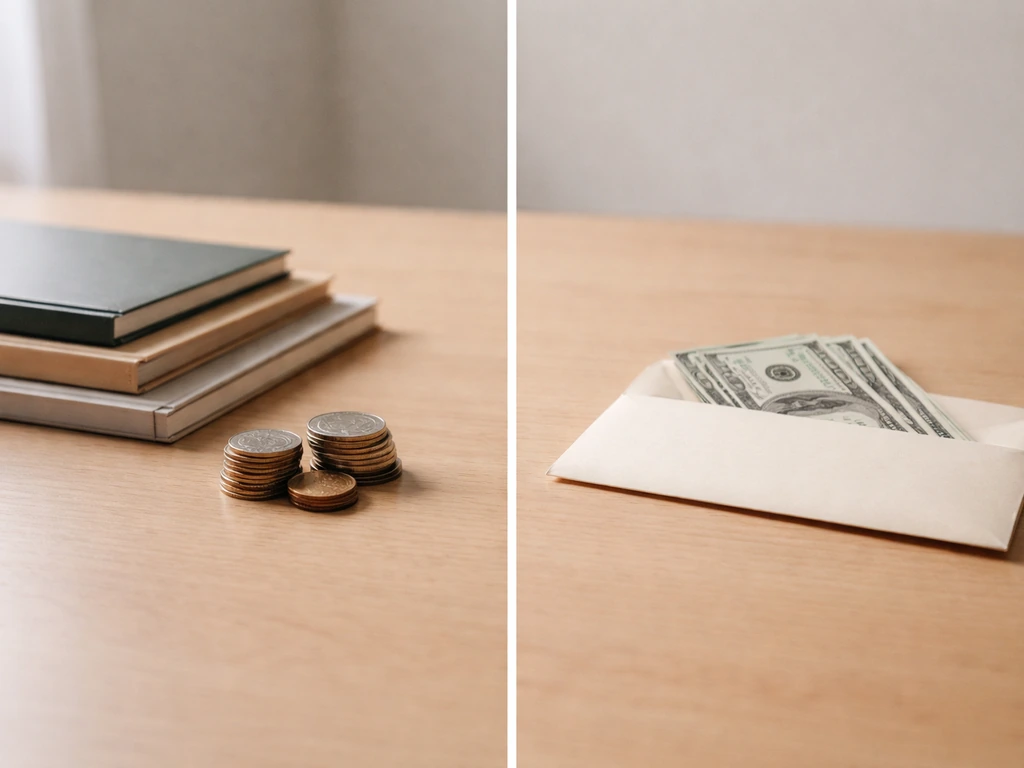 Minimal desk scene showing coins and investment items on one side, cash and an envelope on the other.