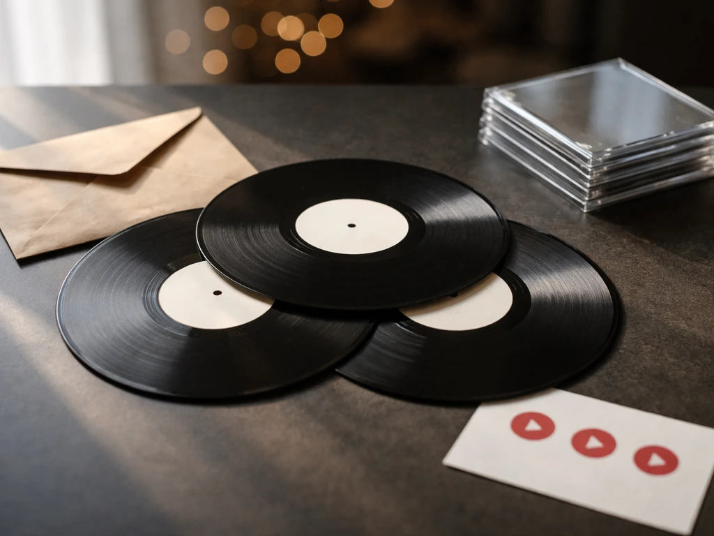 Minimal collage of vinyl records, a royalty-style envelope, and streaming-like icons representing music royalties.