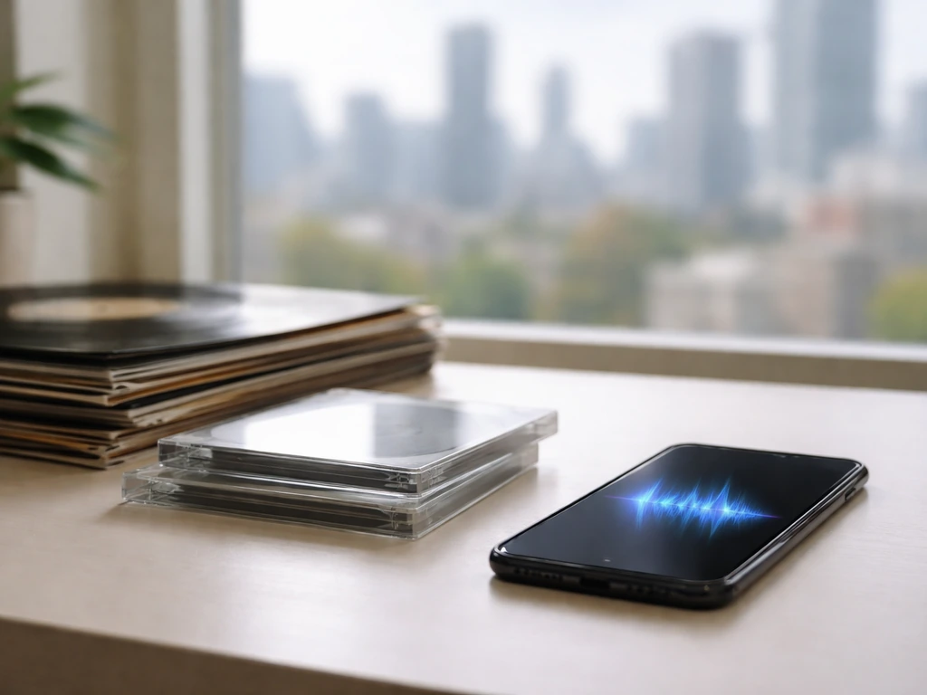 Vinyl records and CDs on a desk next to a smartphone with an abstract audio waveform glow