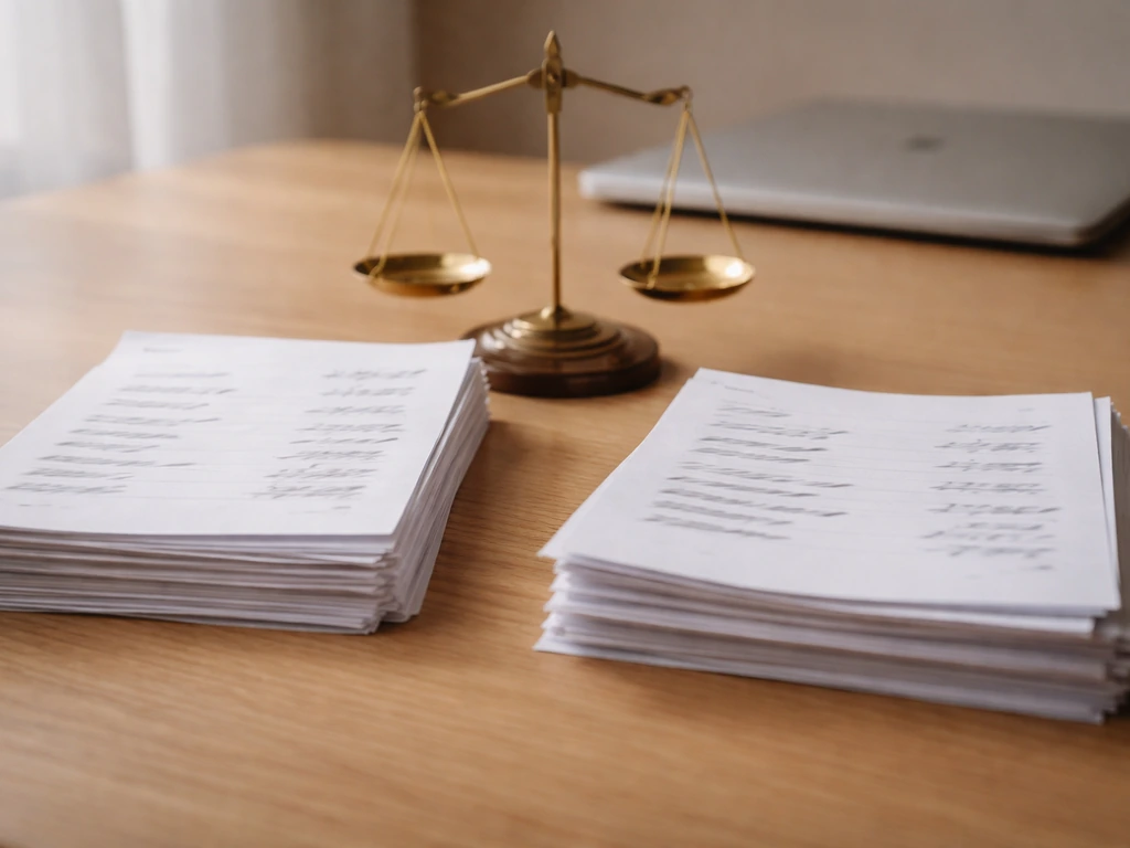 Minimal desk scene with documents and a small brass scale suggesting varying money estimates