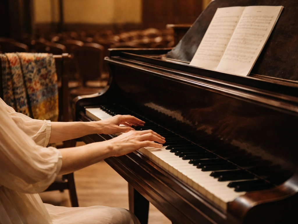 Anonymous pianist hands above piano keys in a quiet concert hall with warm ambient light.