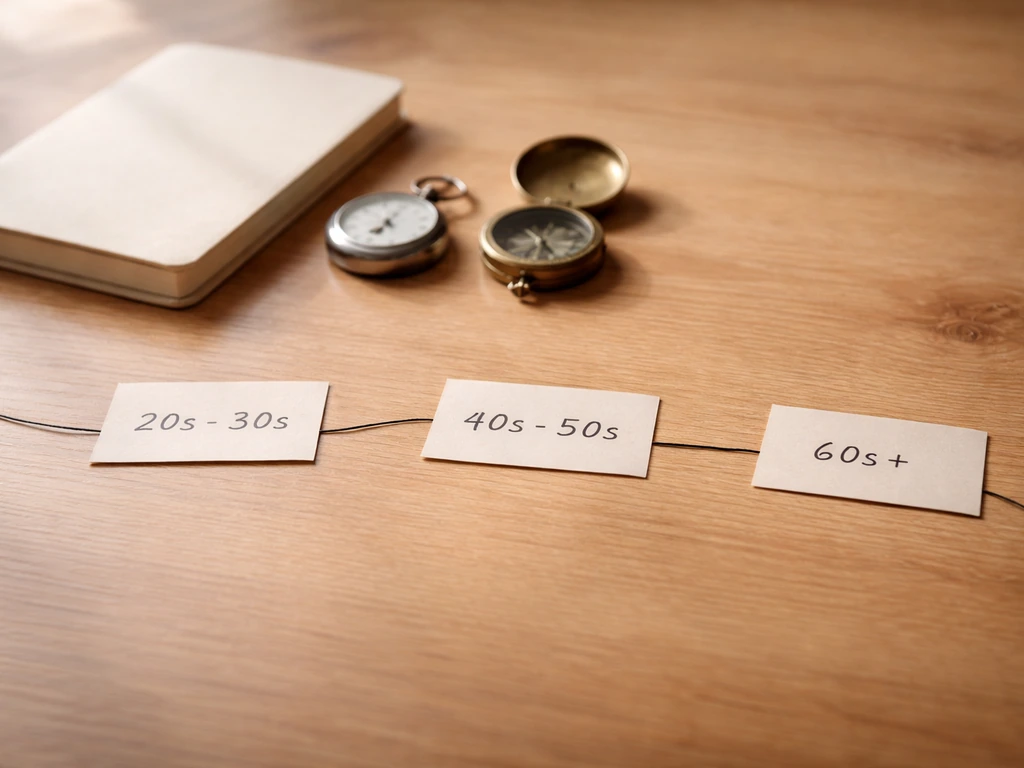 Minimal photo of a desk timeline with labeled dates and a compass over a closed notebook